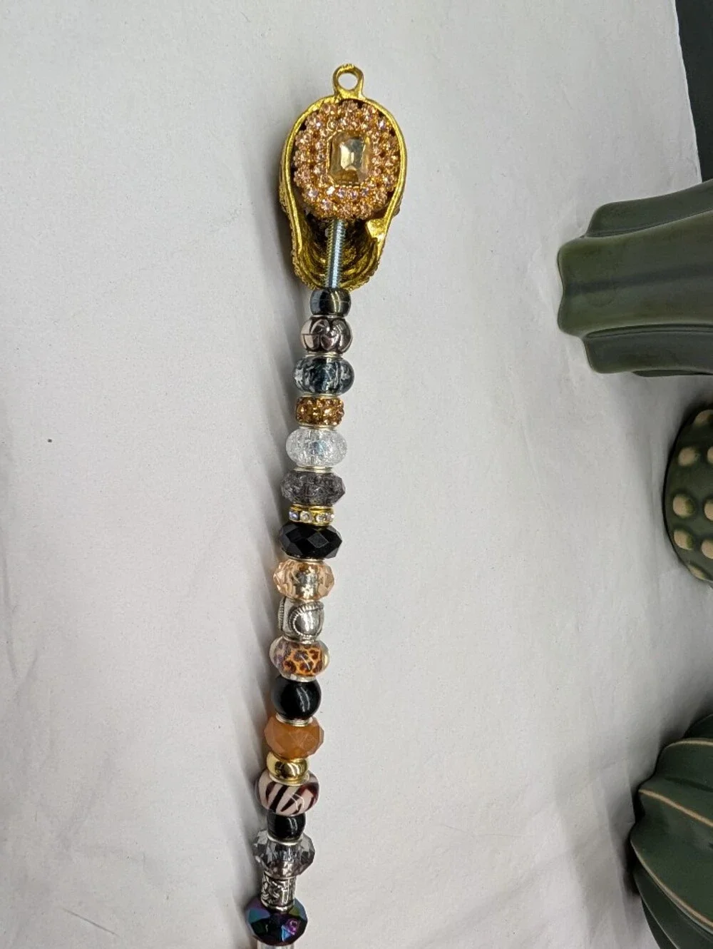 Hand Made Beaded Fairy Wand/Plant/Garden Stake W/Gold Crystal Skull Topper.